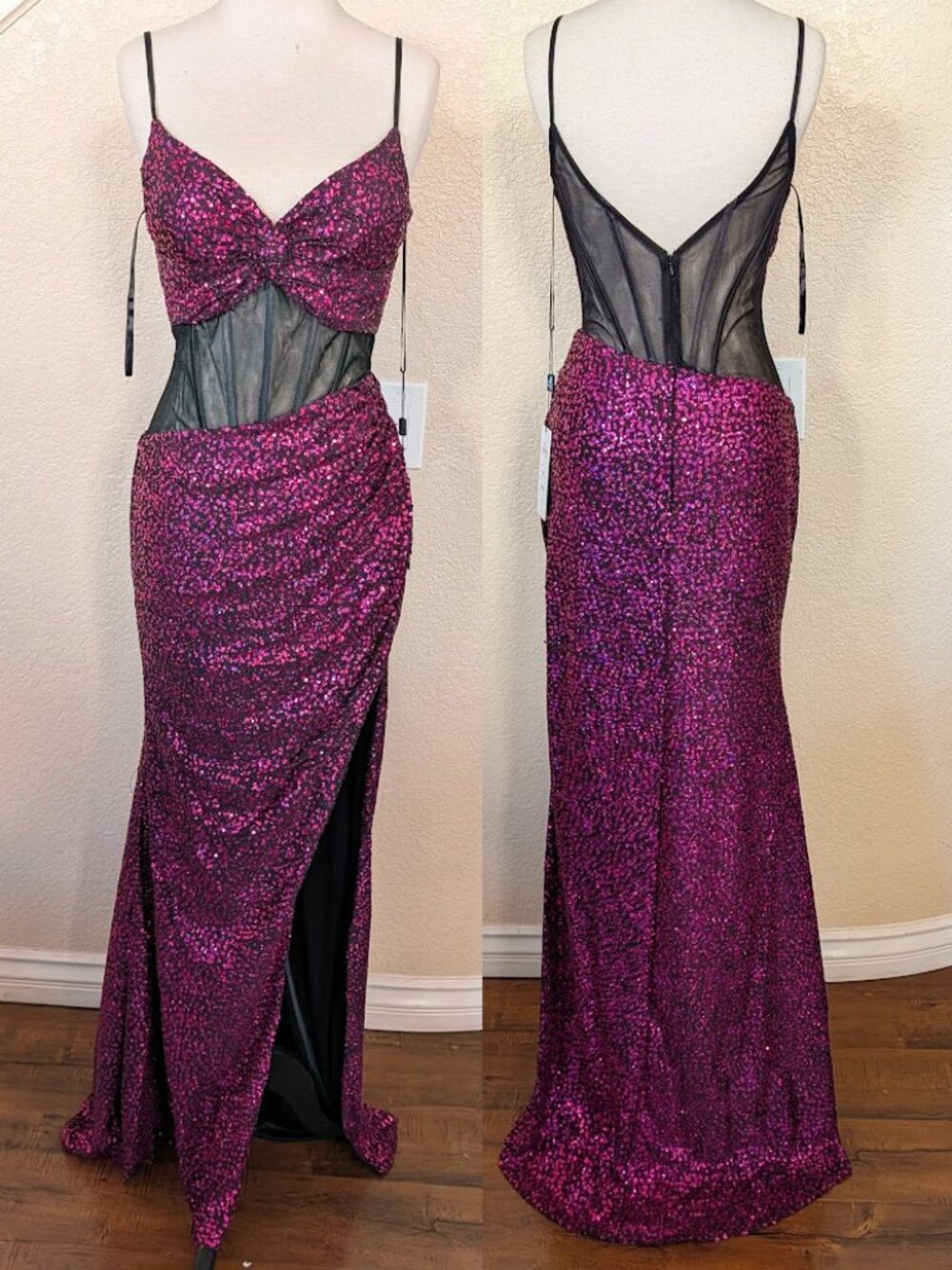 Fuchsia & Black Sequin & Glitter Corset Formal Prom Dress 4